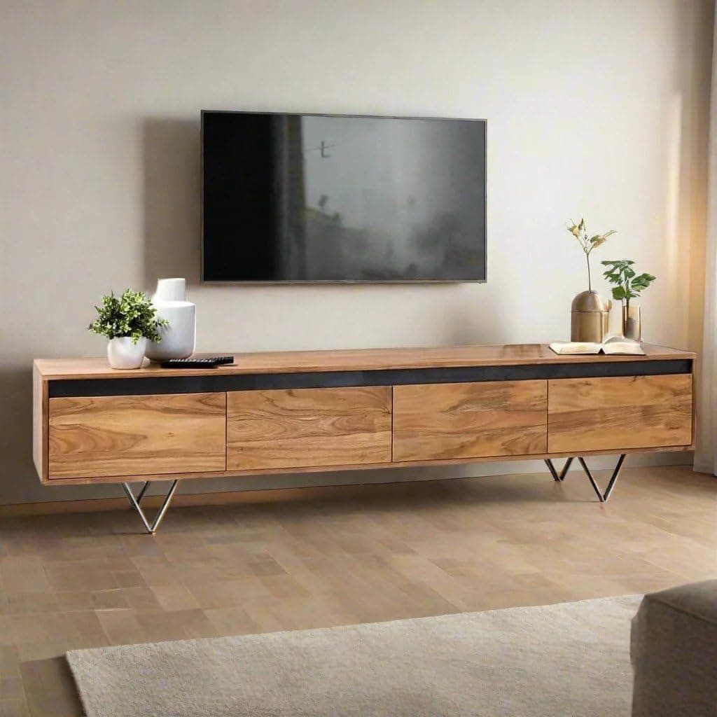 DEMIWALL solid wood teak-finish TV cabinet with four drawers and raised metal legs under a wall-mounted TV