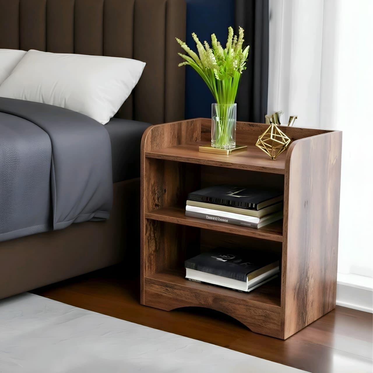 Rustic wooden bedside table with open shelves next to a bed