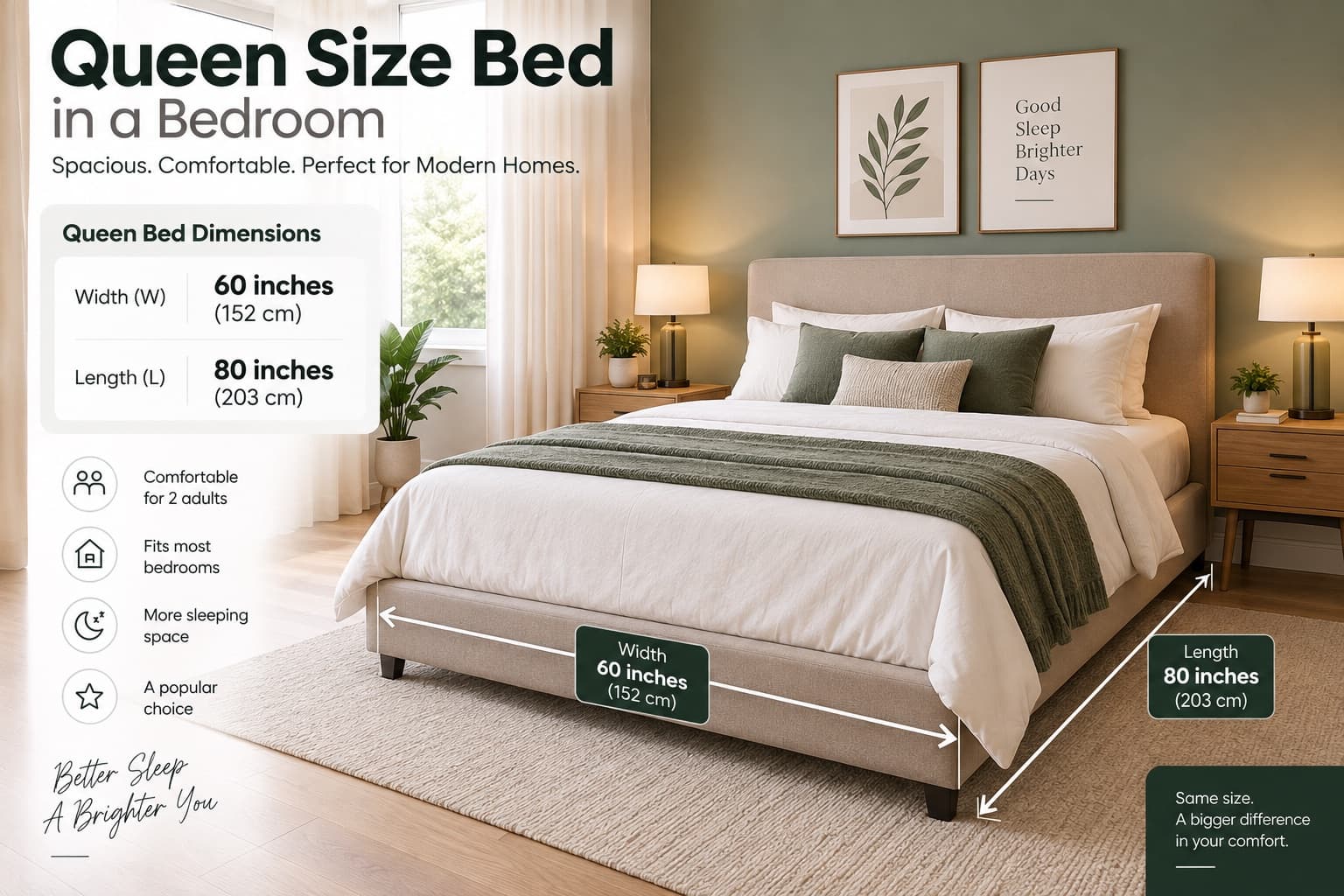 Queen size bed shown in a furnished bedroom with width and length dimensions labelled directly on the bed frame