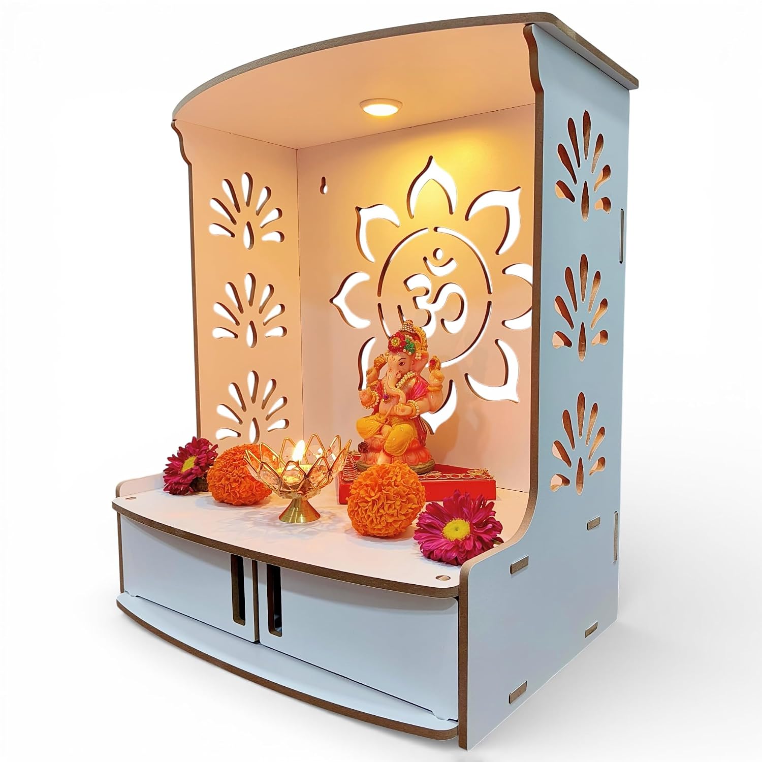 Beautiful Wooden Temple MDF Pooja Mandir with LED Spot Light (12WHT)