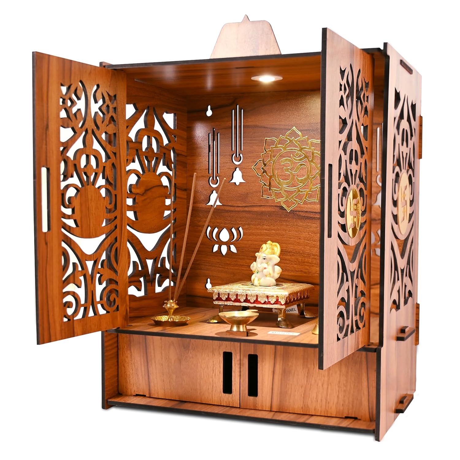 Rousrie Wooden Temple with Door Cabinets and LED Light
