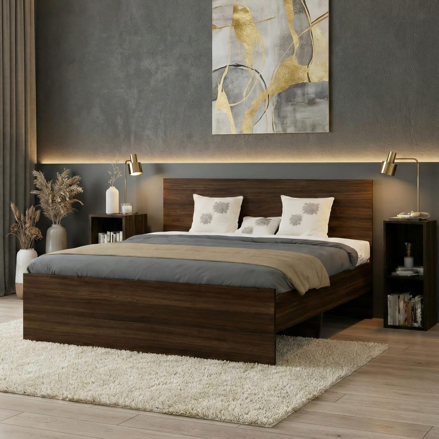 The MM Furniture Store Hunter Queen Size Bed with Box Storage & 2 Side Stands (Walnut, 78x60 in)