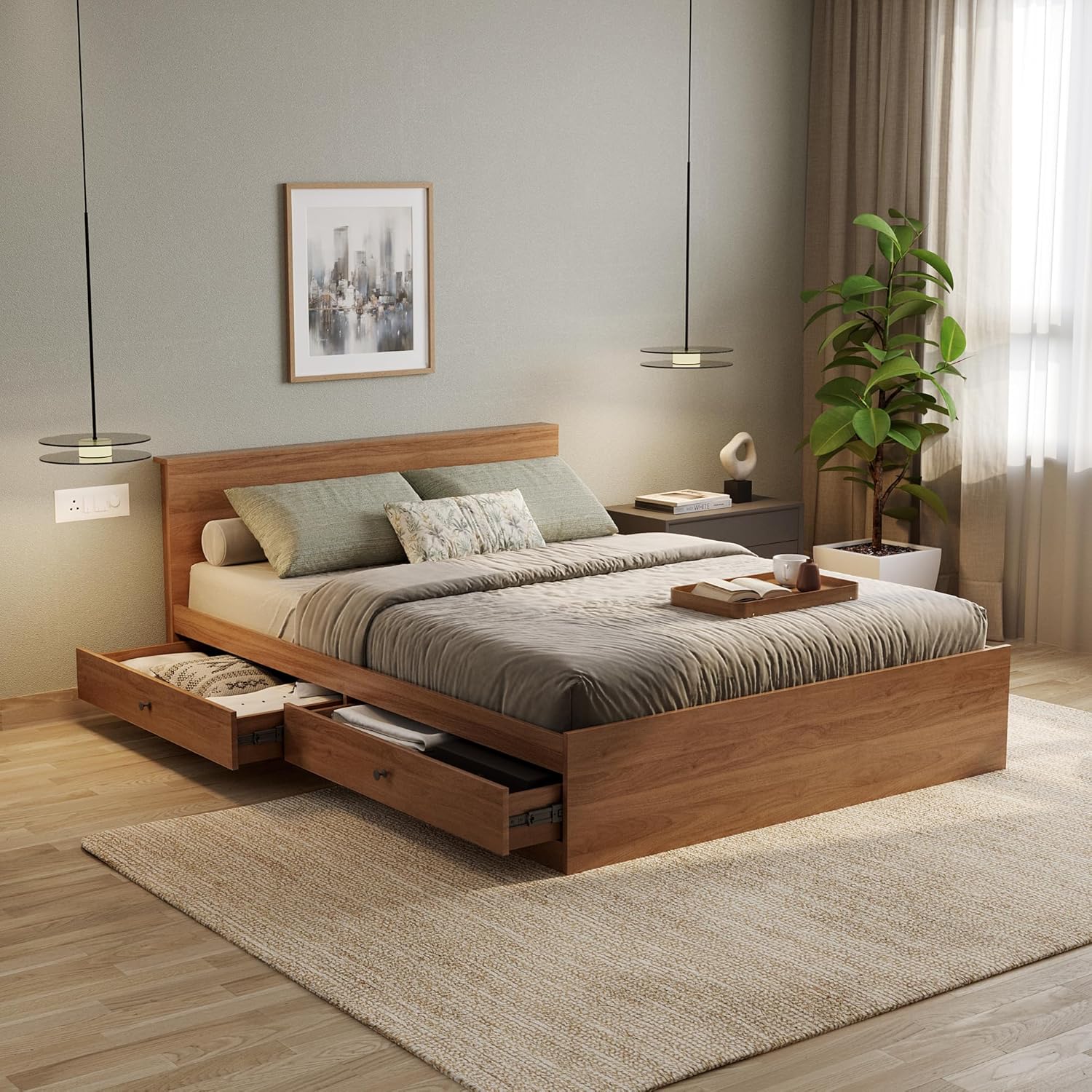 Wakefit Taurus Queen Size Bed with Drawer Storage (Columbian Walnut, 78x60 in)