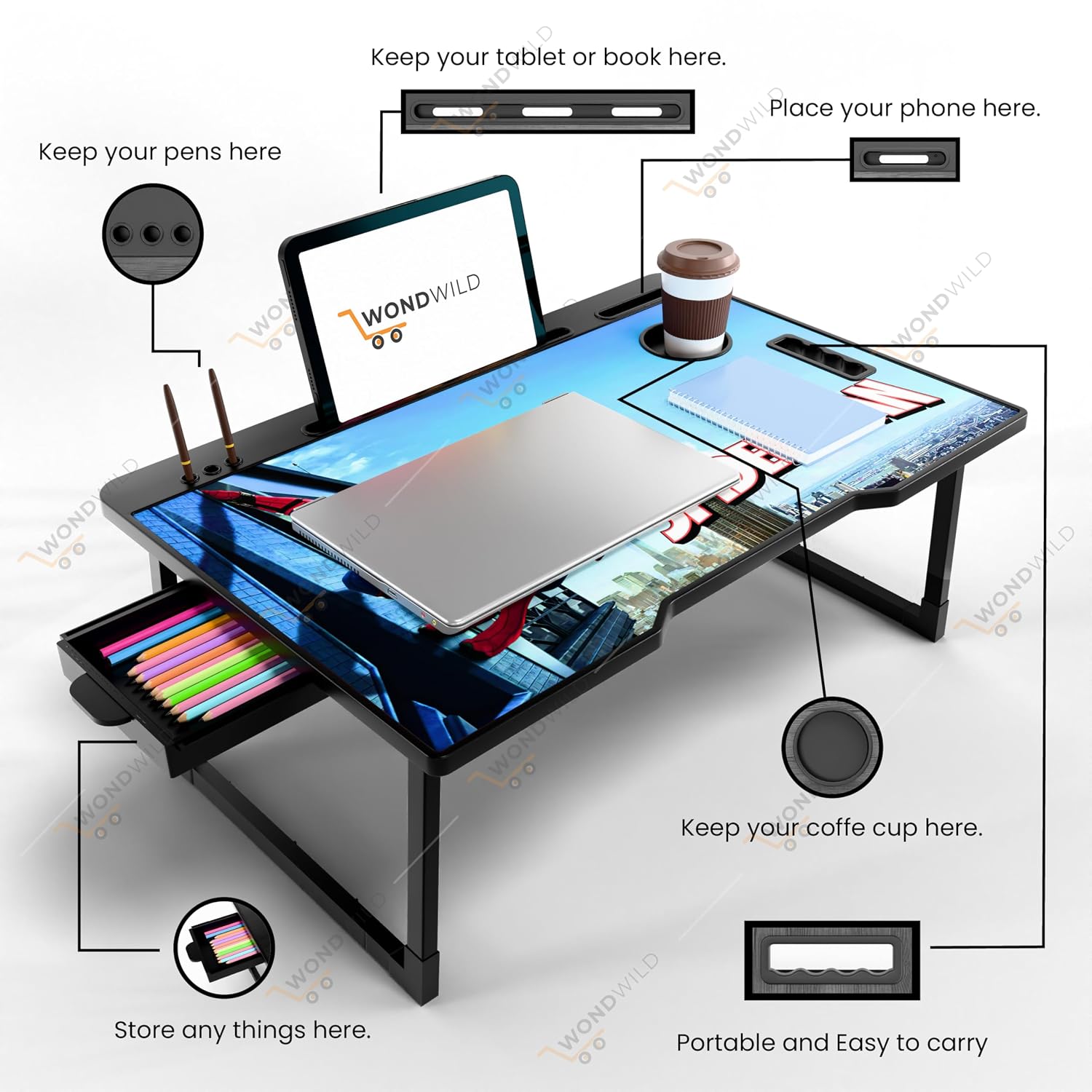 WONDWILD Premium Foldable Wooden Mini Laptop Table for Bed