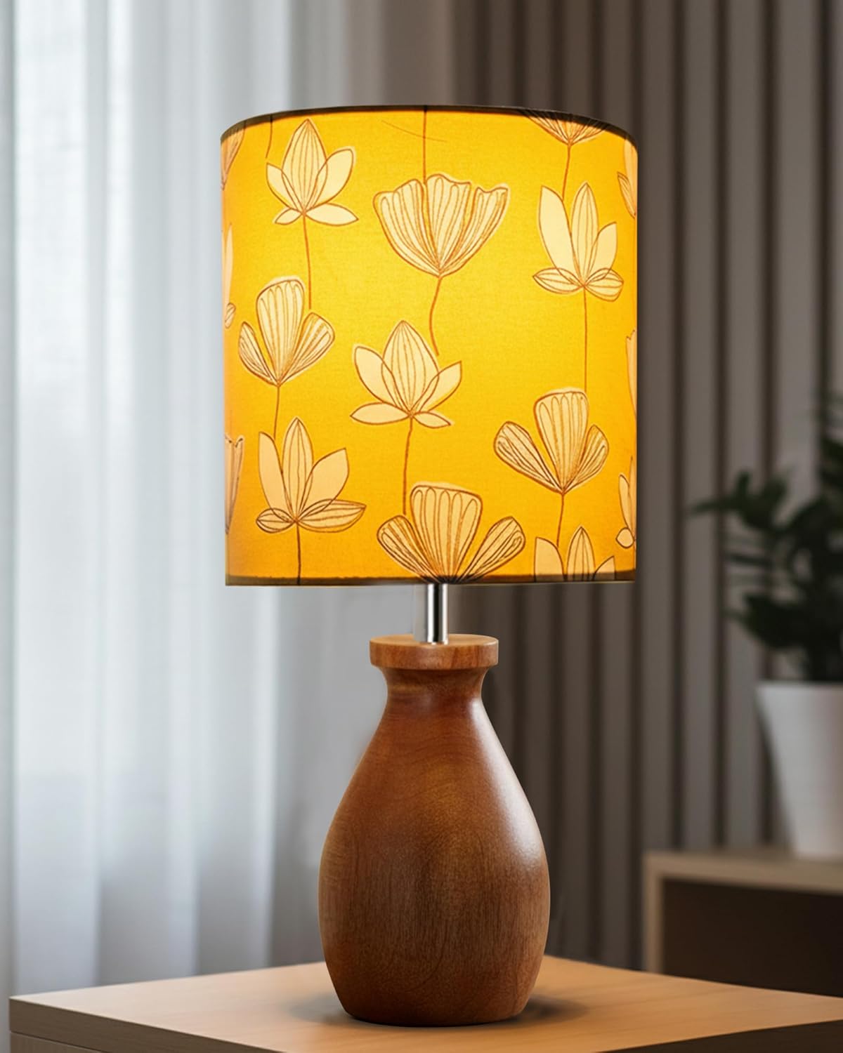 Homesake® Rustic Wooden Dovel Pot Table Lamp with Printed Fabric Shade